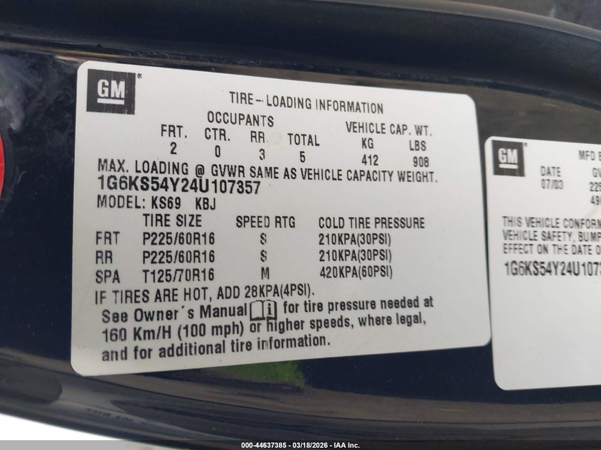 2004 Cadillac Seville Sls VIN: 1G6KS54Y24U107357 Lot: 44637385