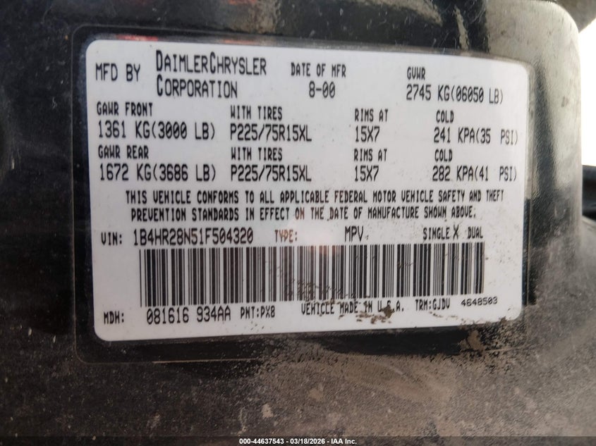 2001 Dodge Durango VIN: 1B4HR28N51F504320 Lot: 44637543