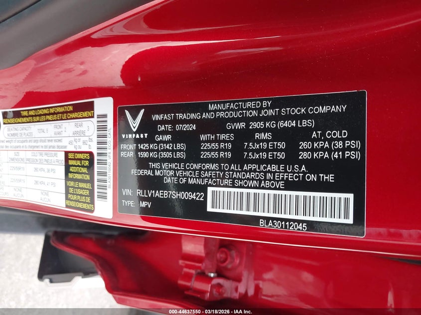 VIN: RLLV1AEB7SH009422 2025 VINFAST VF 8 ECO
