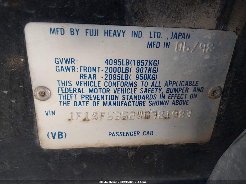 1998 Subaru Forester L VIN: JF1SF6352WG781983 Lot: 44637643