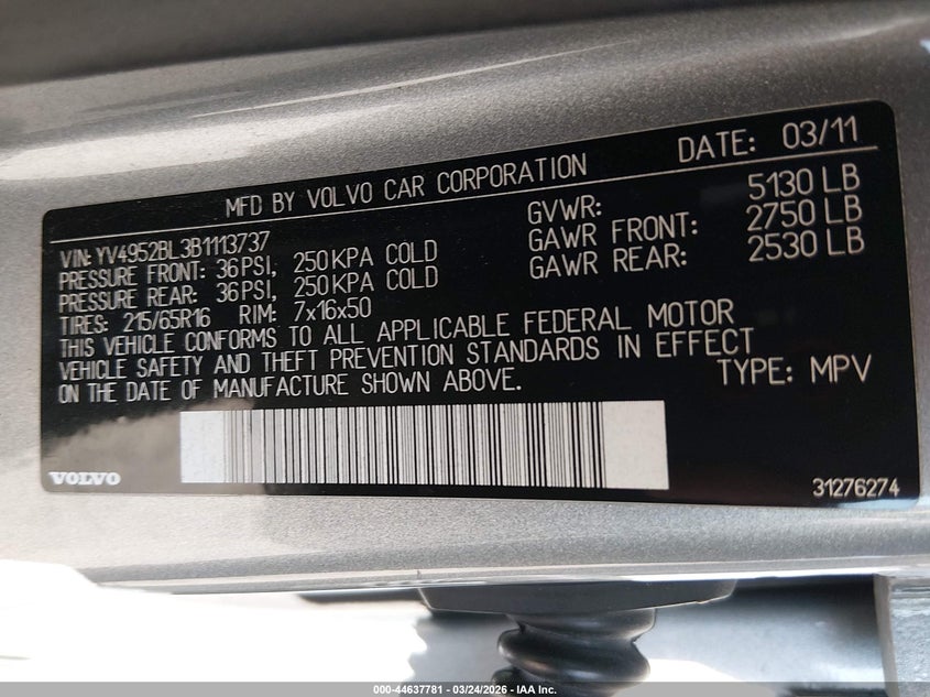 2011 Volvo Xc70 3.2 VIN: YV4952BL3B1113737 Lot: 44637781