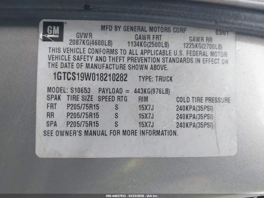2001 GMC Sonoma Sls VIN: 1GTCS19W018210282 Lot: 44637932