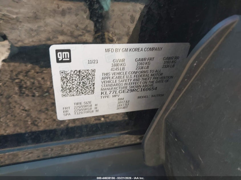 2024 CHEVROLET TRAX 1.2L I-3 DI, DOHC, V(VIN: KL77LGE29RC160654