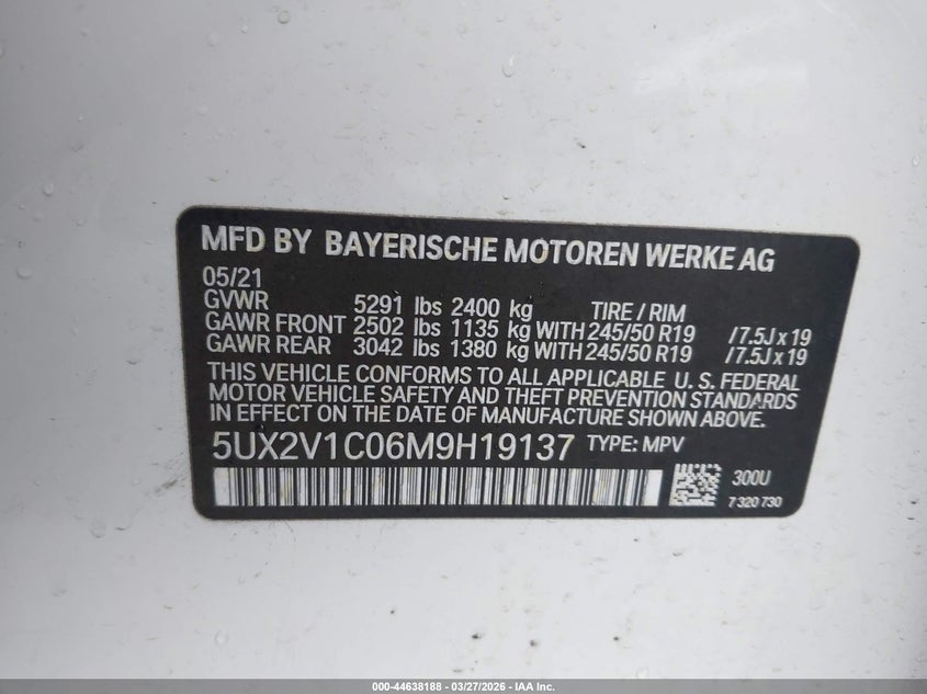 2021 BMW X4 xDrive30I VIN: 5UX2V1C06M9H19137 Lot: 44638188