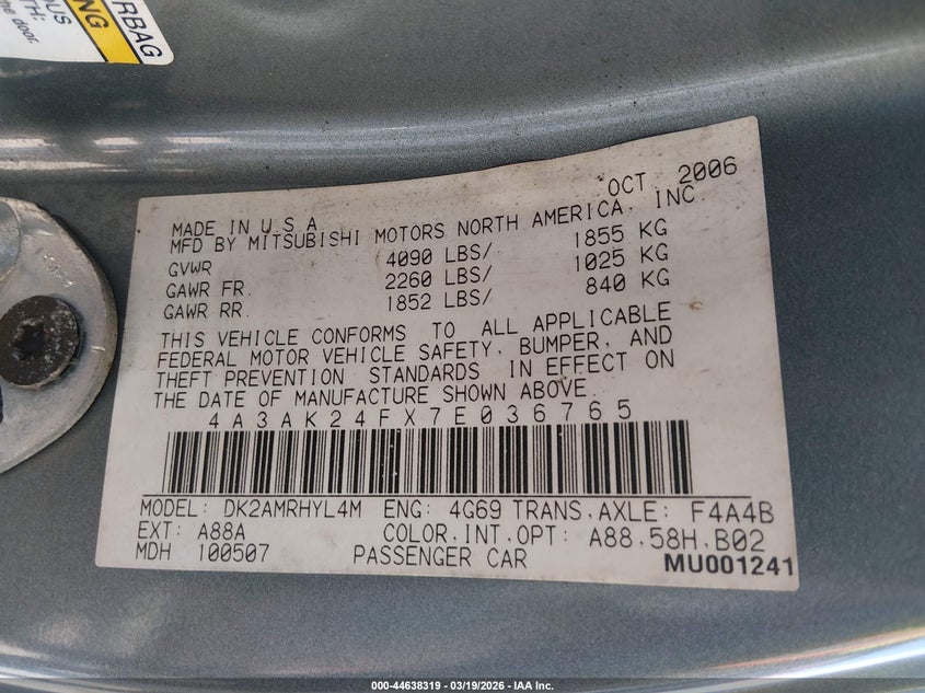 2007 Mitsubishi Eclipse Gs VIN: 4A3AK24FX7E036765 Lot: 44638319