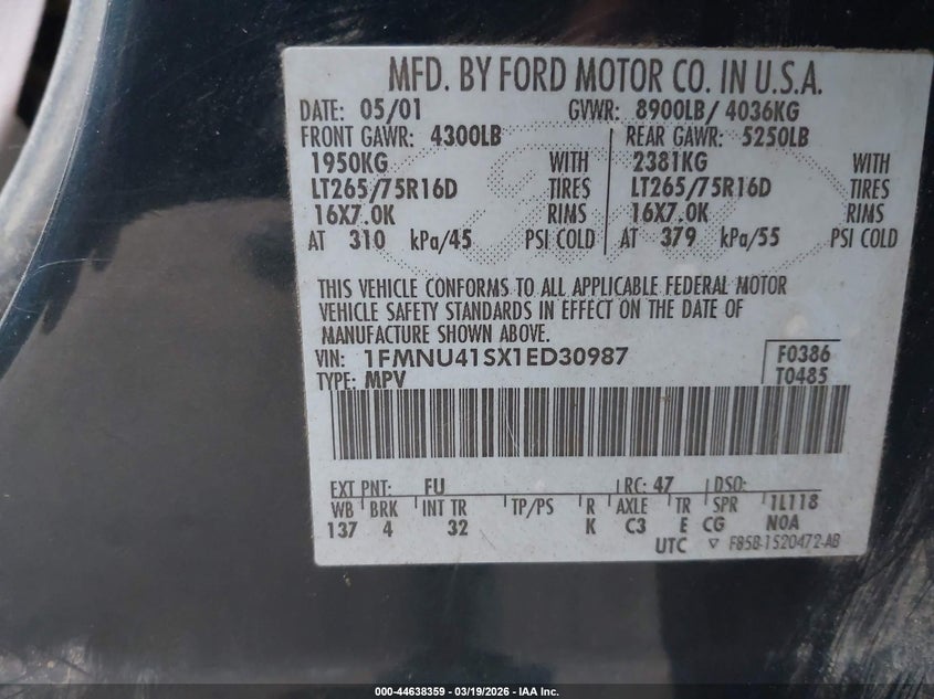 2001 Ford Excursion Xlt VIN: 1FMNU41SX1ED30987 Lot: 44638359