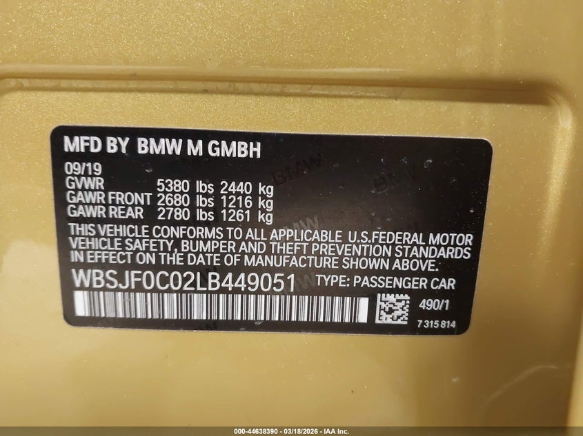 2020 BMW M5 Competition VIN: WBSJF0C02LB449051 Lot: 44638390