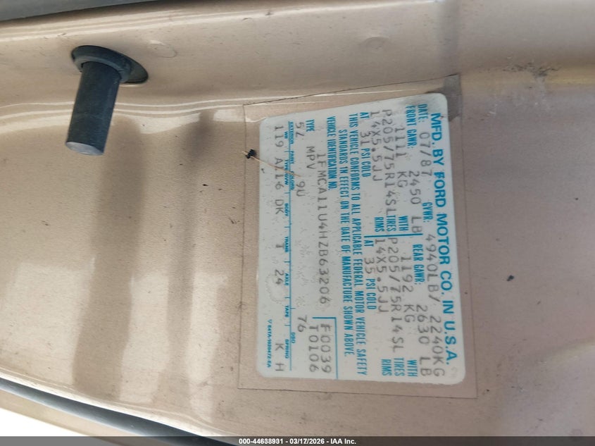 1987 Ford Aerostar VIN: 1FMCA11U4HZB63206 Lot: 44638931