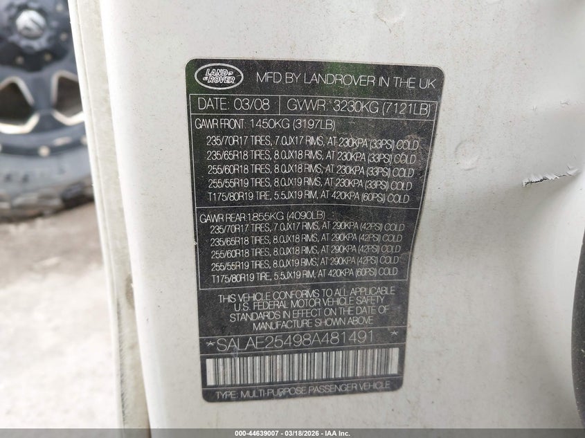 2008 Land Rover Lr3 V8 Se VIN: SALAE25498A481491 Lot: 44639007