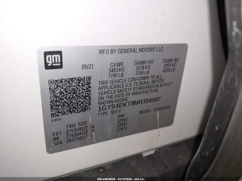 2021 Cadillac Escalade 4Wd Sport VIN: 1GYS4EKT8MR354507 Lot: 44639009