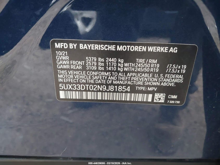 2022 BMW X4 xDrive30I VIN: 5UX33DT02N9J81854 Lot: 44639086