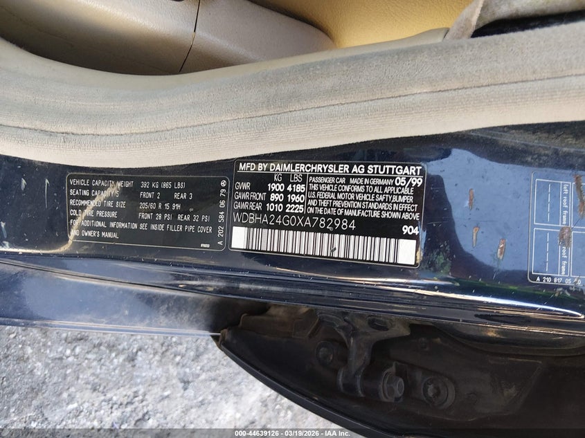 1999 Mercedes-Benz C 230 Kompressor VIN: WDBHA24G0XA782984 Lot: 44639126