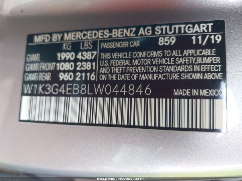2020 Mercedes-Benz A 220 VIN: W1K3G4EB8LW044846 Lot: 44639182