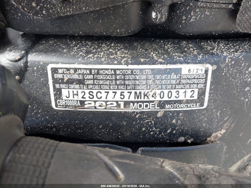 2021 Honda Cbr1000 Ra VIN: JH2SC7757MK400312 Lot: 44639242