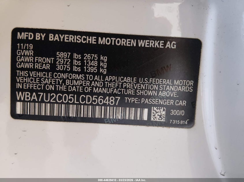 VIN: WBA7U2C05LCD56487 2020 BMW 750I XDRIVE