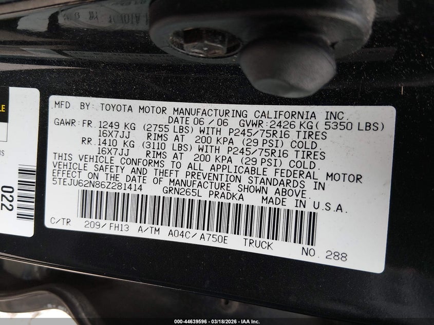 2006 Toyota Tacoma Prerunner V6 VIN: 5TEJU62N86Z281414 Lot: 44639596