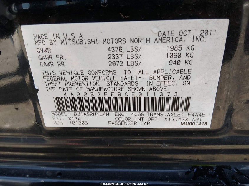 2012 Mitsubishi Galant Es/Se VIN: 4A32B3FF9CE011373 Lot: 44639656