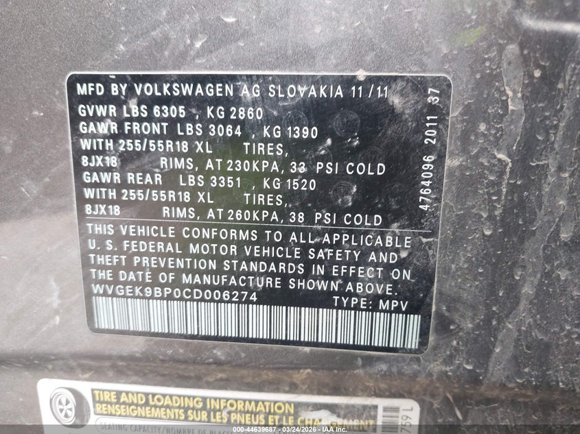 2012 Volkswagen Touareg Tdi Sport VIN: WVGEK9BP0CD006274 Lot: 44639687