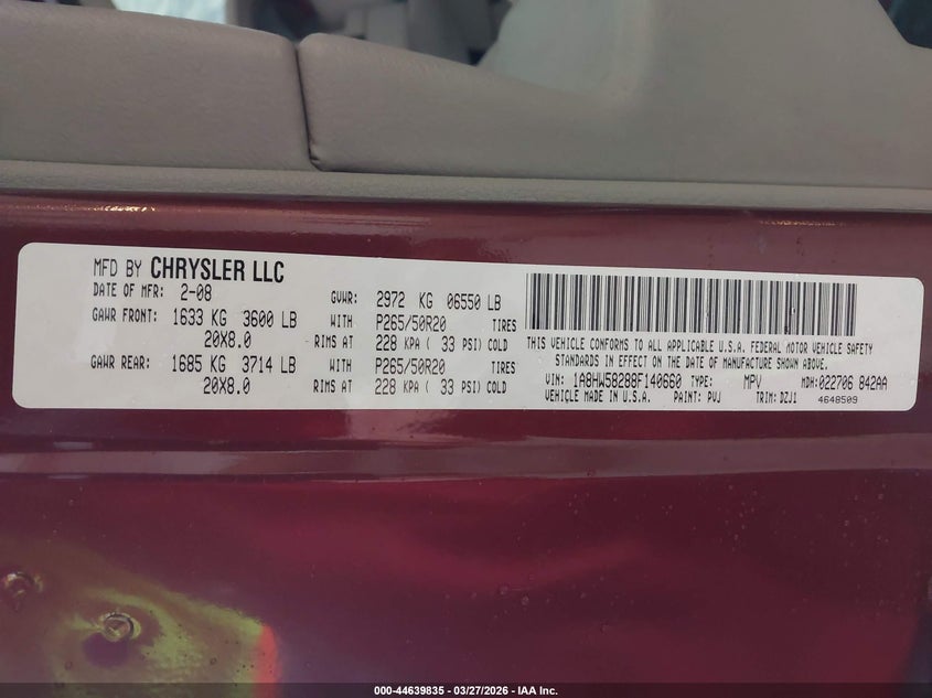 2008 Chrysler Aspen Limited VIN: 1A8HW58288F140660 Lot: 44639835
