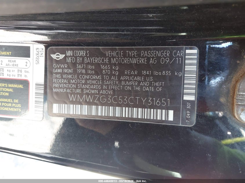 2012 Mini Cooper S Clubman VIN: WMWZG3C53CTY31651 Lot: 44640013
