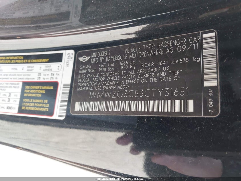 2012 Mini Cooper S Clubman VIN: WMWZG3C53CTY31651 Lot: 44640013