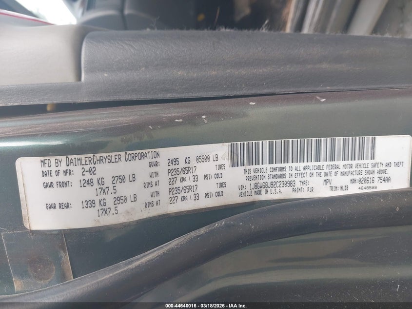 2002 Jeep Grand Cherokee Overland VIN: 1J8GW68J92C230983 Lot: 44640016