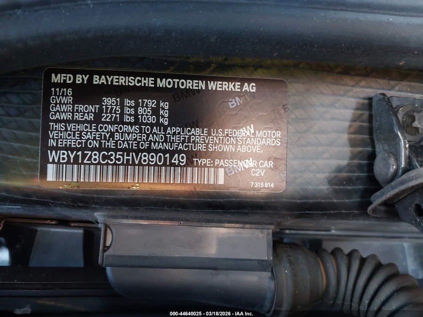 2017 BMW I3 94 Ah W/Range Extender VIN: WBY1Z8C35HV890149 Lot: 44640025