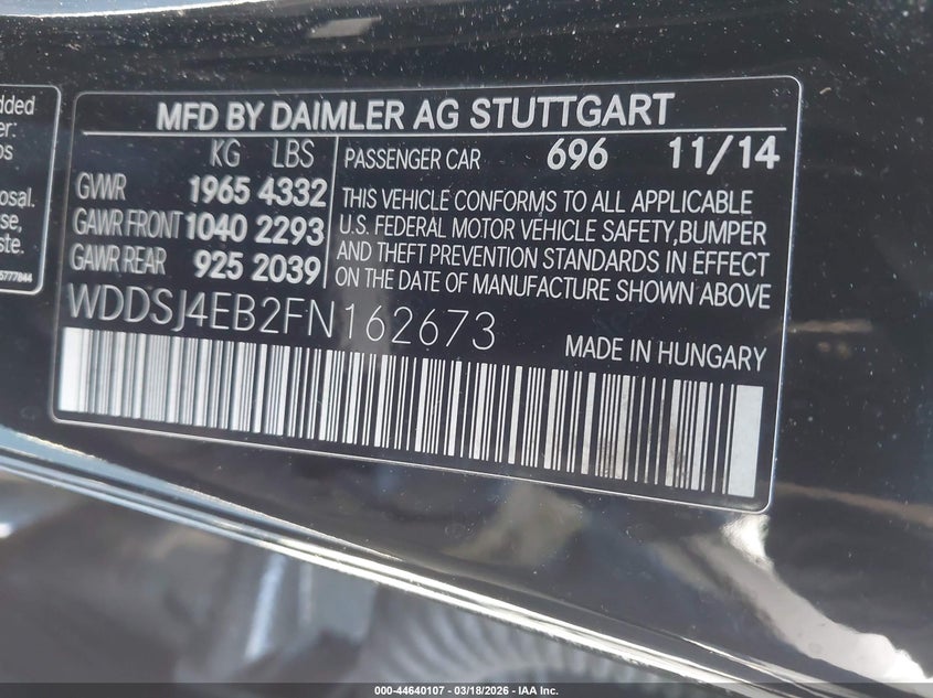 2015 Mercedes-Benz Cla 250 VIN: WDDSJ4EB2FN162673 Lot: 44640107