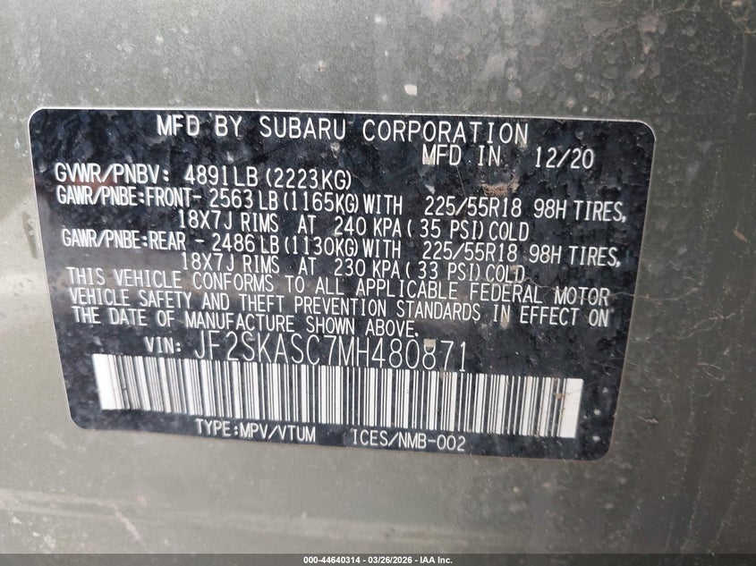 2021 SUBARU FORESTER SPORT UTILITY VEHICLE 2.5L H-4 DI, DOHC, VVT, 182HP