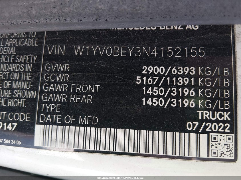 2022 Mercedes-Benz Metris VIN: W1YV0BEY3N4152155 Lot: 44640399