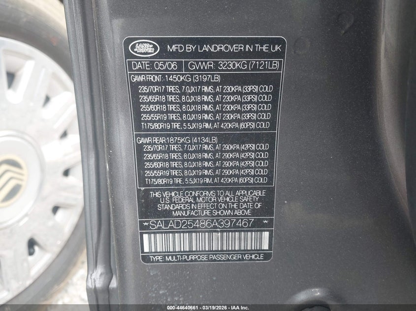 2006 Land Rover Lr3 V8 Se VIN: SALAD25486A397467 Lot: 44640661