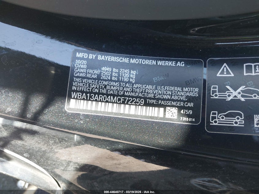 2021 BMW M440I xDrive VIN: WBA13AR04MCF72259 Lot: 44640717