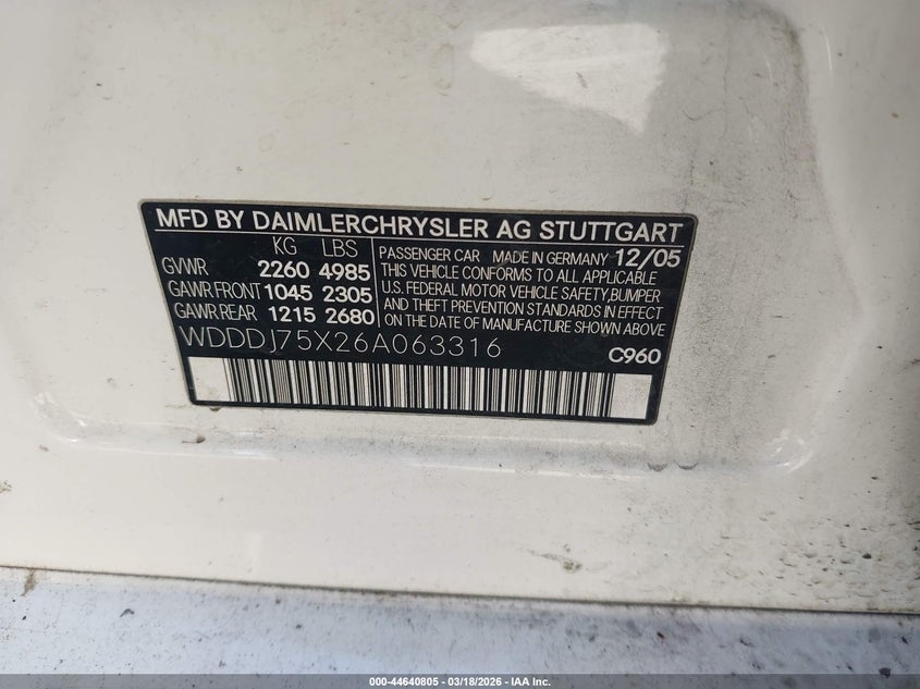 2006 Mercedes-Benz Cls 500 VIN: WDDDJ75X26A063316 Lot: 44640805