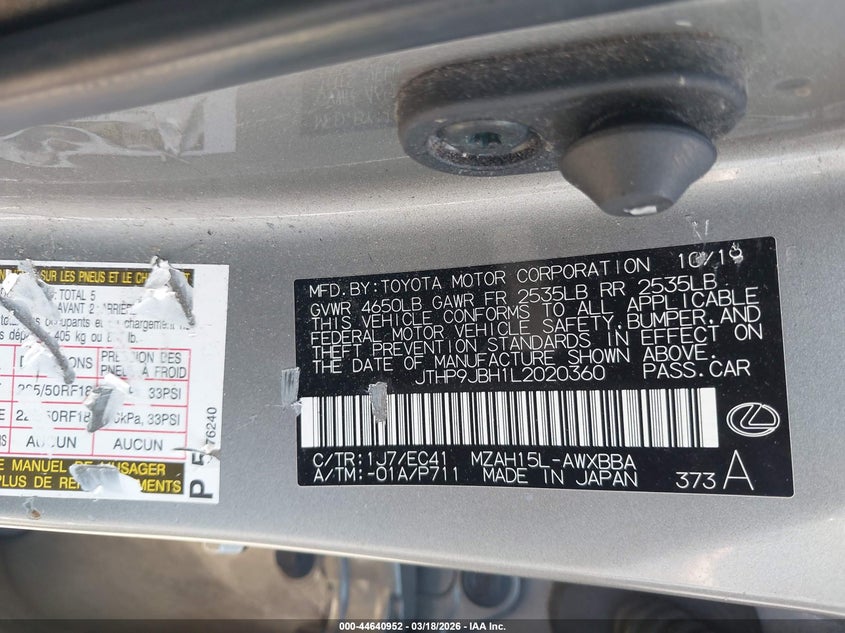 2020 Lexus Ux 250H VIN: JTHP9JBH1L2020360 Lot: 44640952