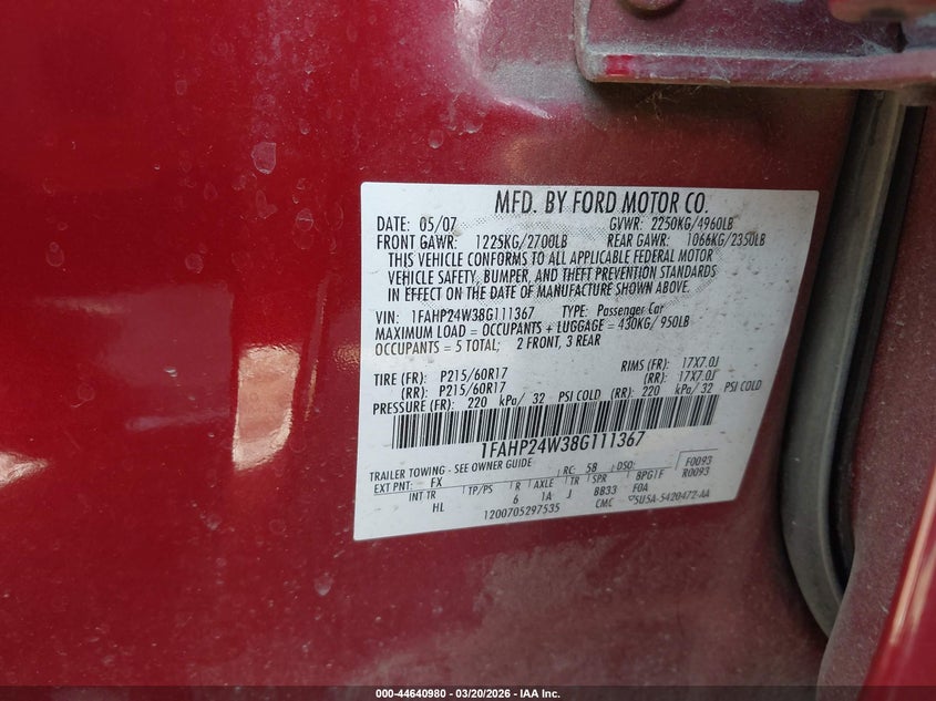 2008 Ford Taurus Sel VIN: 1FAHP24W38G111367 Lot: 44640980