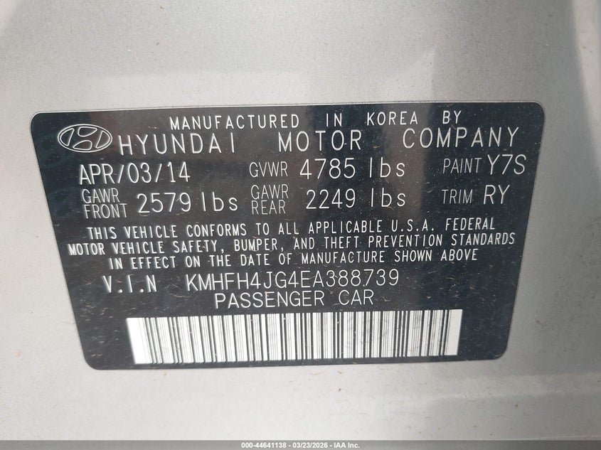 2014 Hyundai Azera Limited VIN: KMHFH4JG4EA388739 Lot: 44641138
