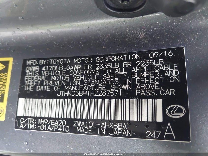 2017 Lexus Ct Ct 200H F Sport VIN: JTHKD5BH1H2287571 Lot: 44641340