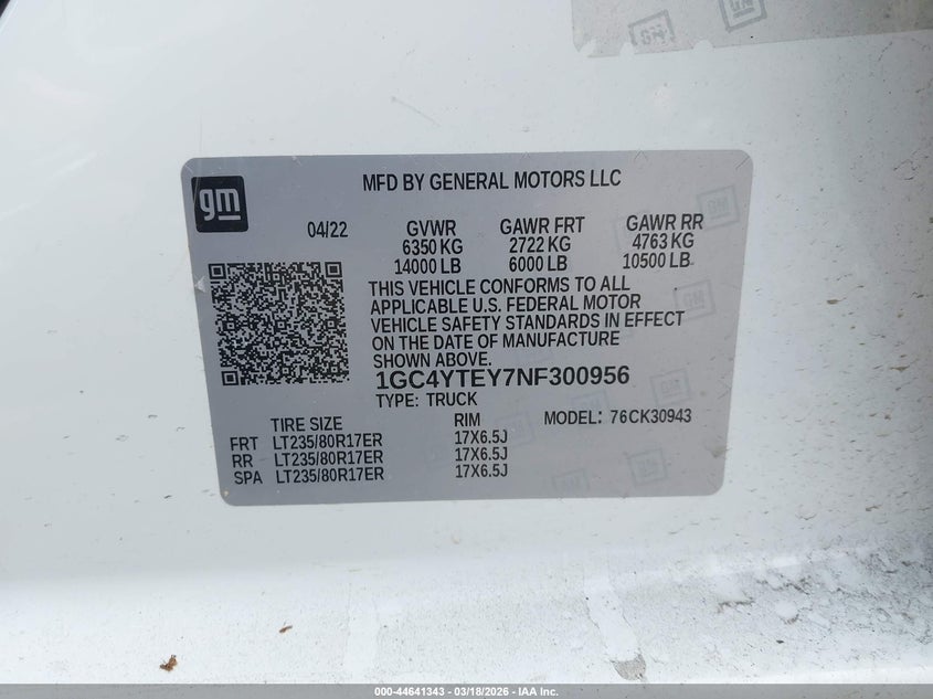 2022 Chevrolet Silverado 3500Hd 4Wd Long Bed Lt VIN: 1GC4YTEY7NF300956 Lot: 44641343