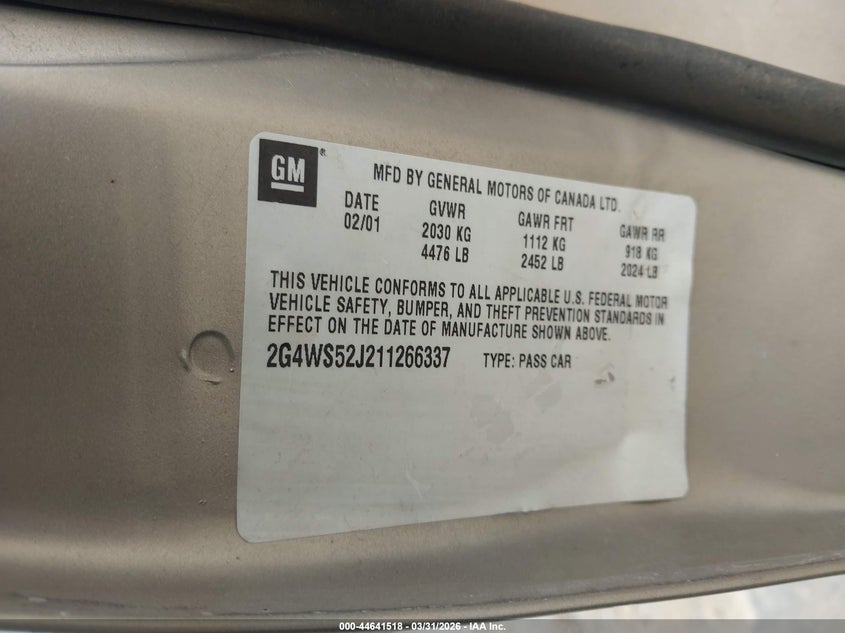 2001 Buick Century Custom VIN: 2G4WS52J211266337 Lot: 44641518