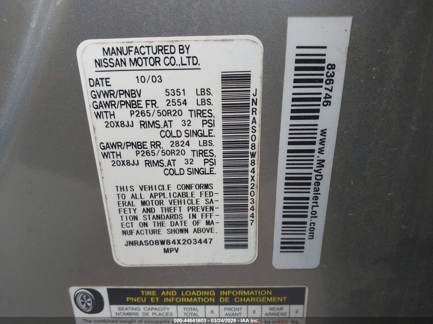 2004 Infiniti Fx35 VIN: JNRAS08W84X203447 Lot: 44641603