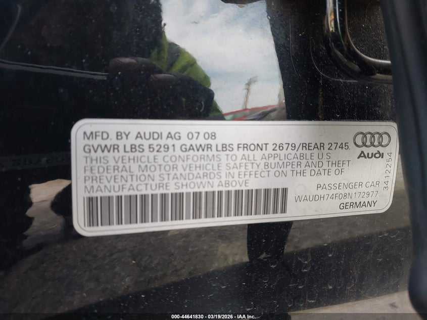 2008 Audi A6 3.2 VIN: WAUDH74F08N172977 Lot: 44641830