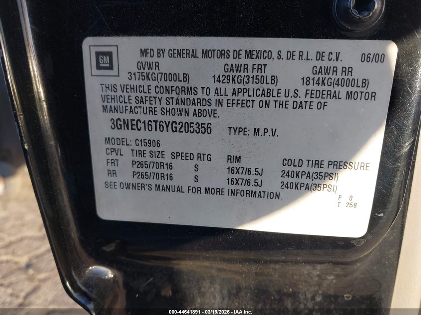 2000 Chevrolet Suburban 1500 Lt VIN: 3GNEC16T6YG205356 Lot: 44641891
