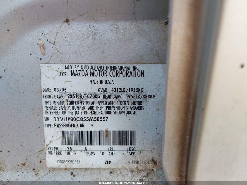 2005 Mazda Mazda6 I Sport VIN: 1YVHP80C855M58557 Lot: 44641985
