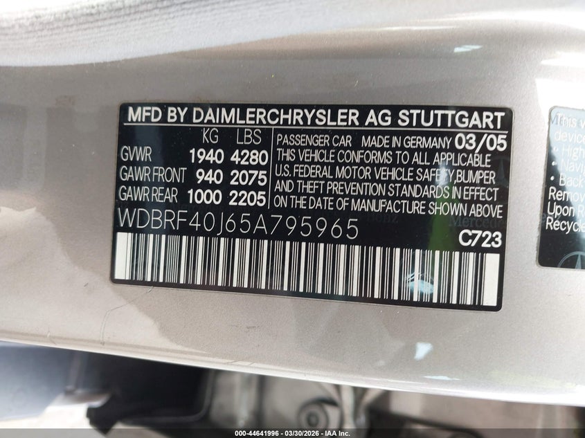 2005 Mercedes-Benz C 230 Kompressor Sport VIN: WDBRF40J65A795965 Lot: 44641996