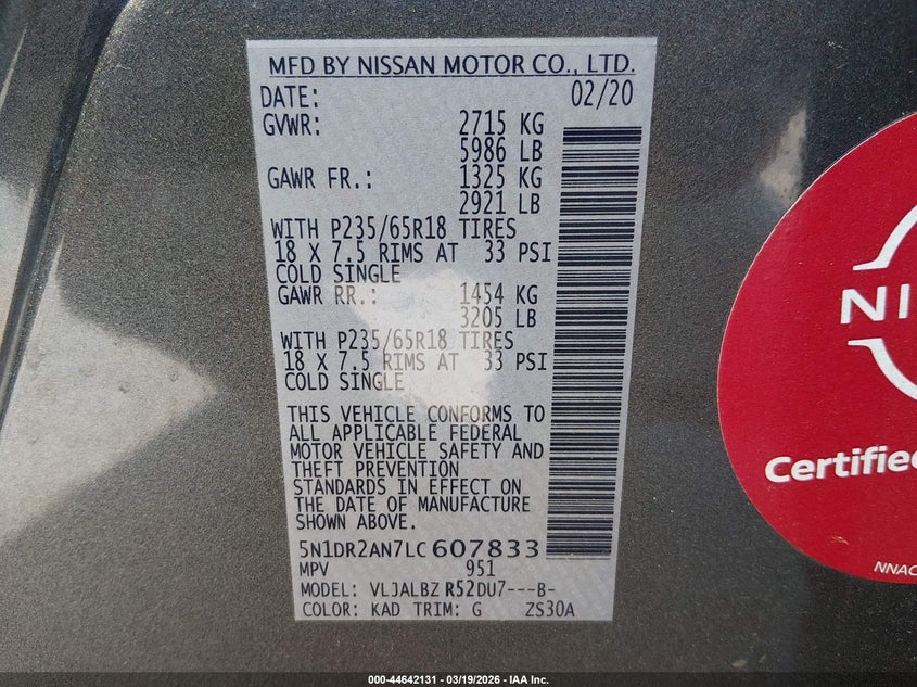VIN 5N1DR2AN7LC607833 2020 NISSAN PATHFINDER S 2WD