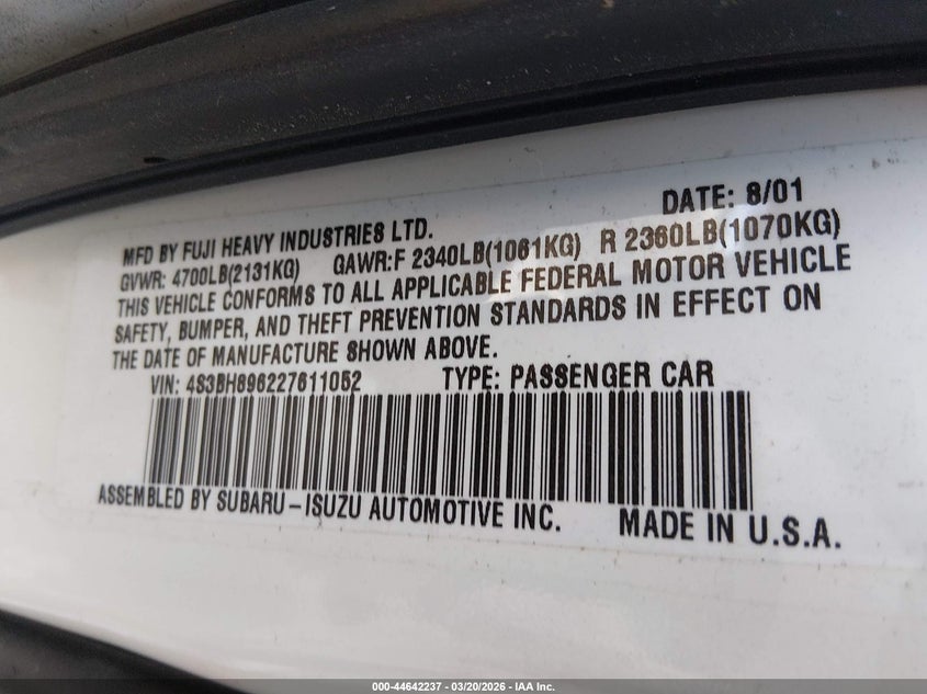 2002 Subaru Outback H6-3.0 Vdc VIN: 4S3BH896227611052 Lot: 44642237