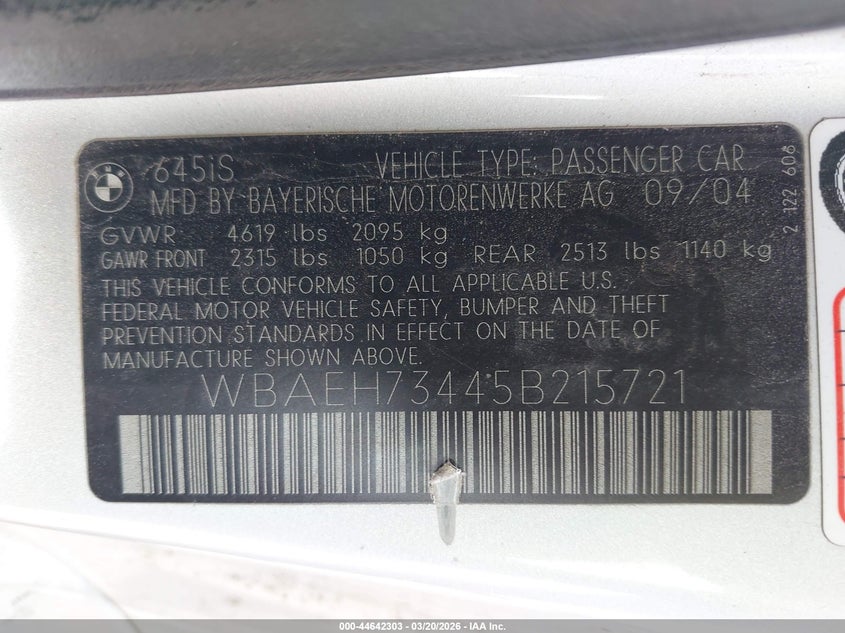 2005 BMW 645Ci VIN: WBAEH73445B215721 Lot: 44642303