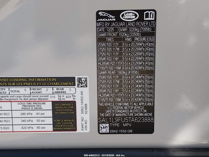 2026 LAND ROVER RANGE ROVER SPORT SPORT UTILITY VEHICLE 3.0L I-6 DI, DOHC, VVT, TURBO, 395HP