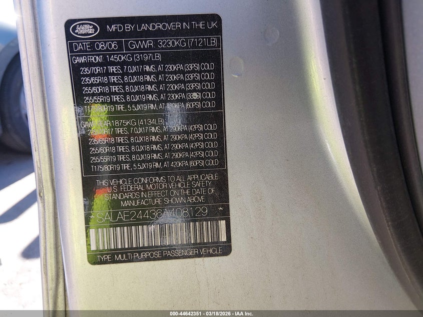 2006 Land Rover Lr3 V6 VIN: SALAE24436A408129 Lot: 44642351