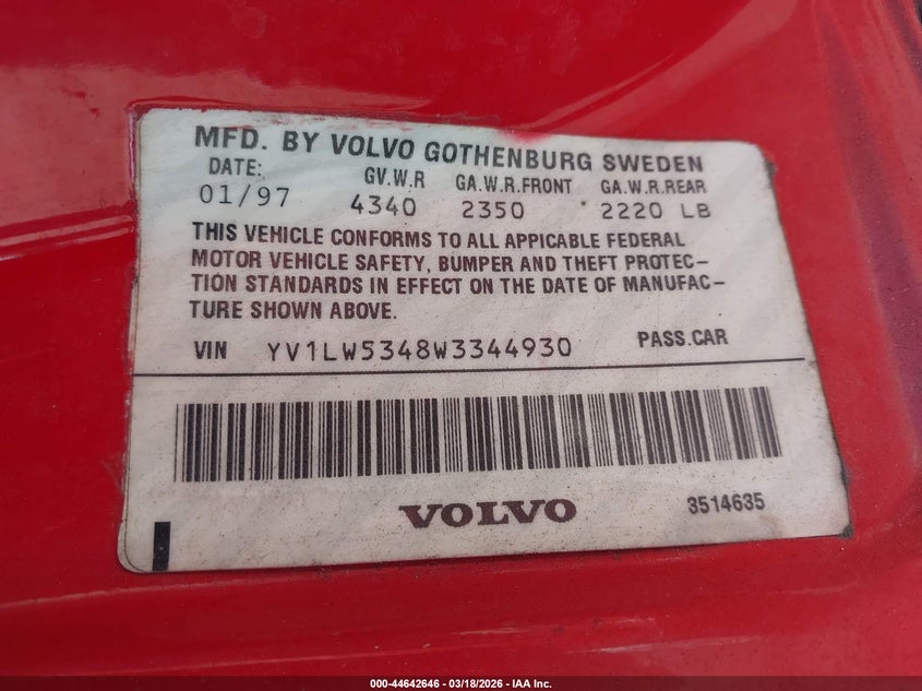 1998 Volvo V70 T5 VIN: YV1LW5348W3344930 Lot: 44642646
